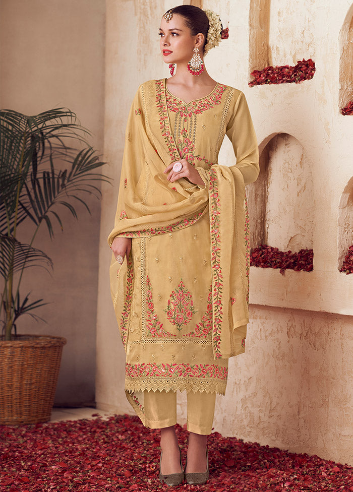 3 Pc Yellow Unstitched Net Suit Set