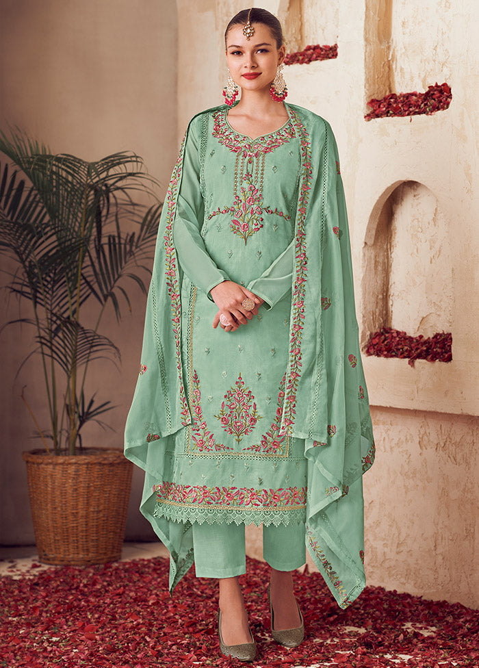 3 Pc Green Unstitched Net Suit Set - Indian Silk House Agencies