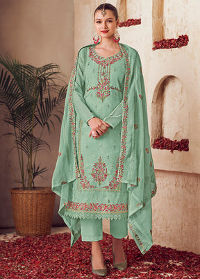 3 Pc Green Unstitched Net Suit Set - Indian Silk House Agencies