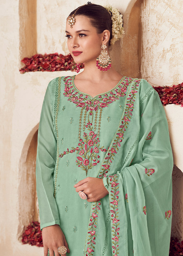 3 Pc Green Unstitched Net Suit Set - Indian Silk House Agencies