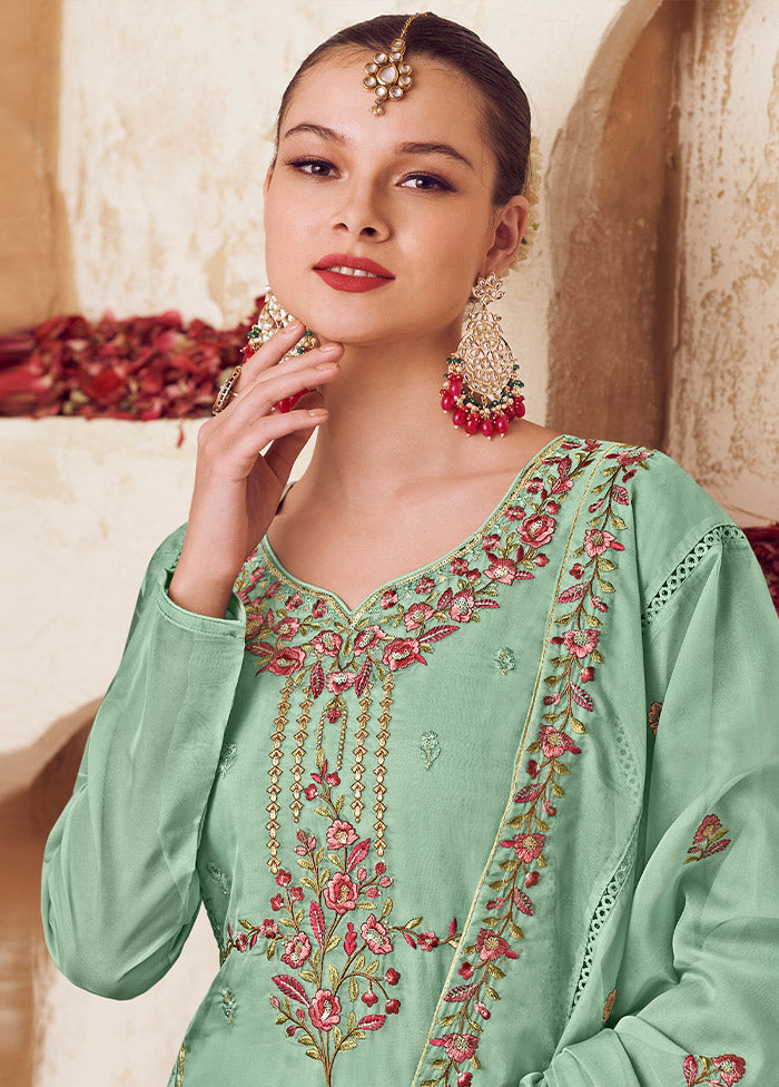 3 Pc Green Unstitched Net Suit Set - Indian Silk House Agencies