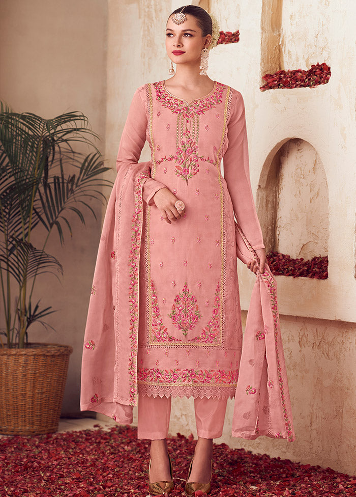 3 Pc Peach Unstitched Net Suit Set