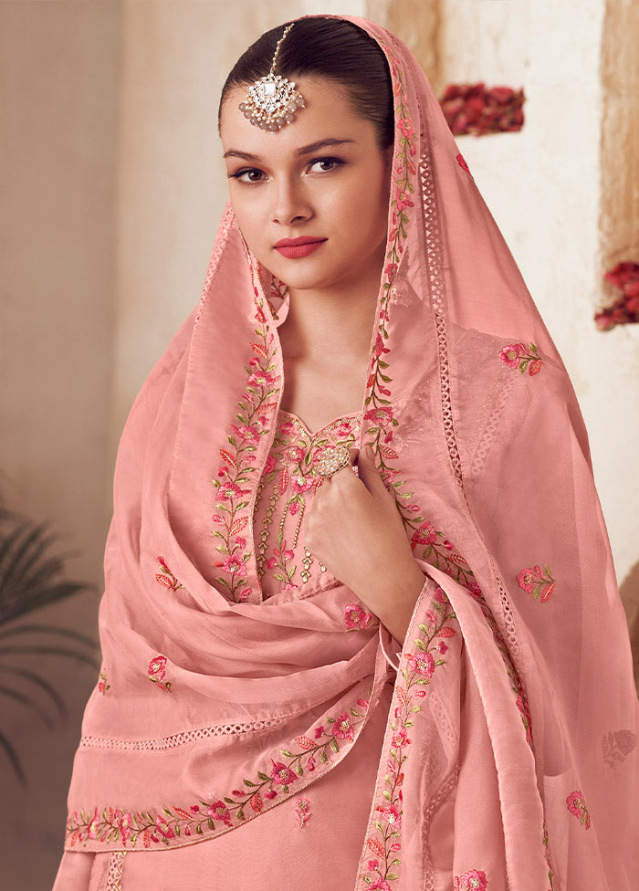 3 Pc Peach Unstitched Net Suit Set - Indian Silk House Agencies