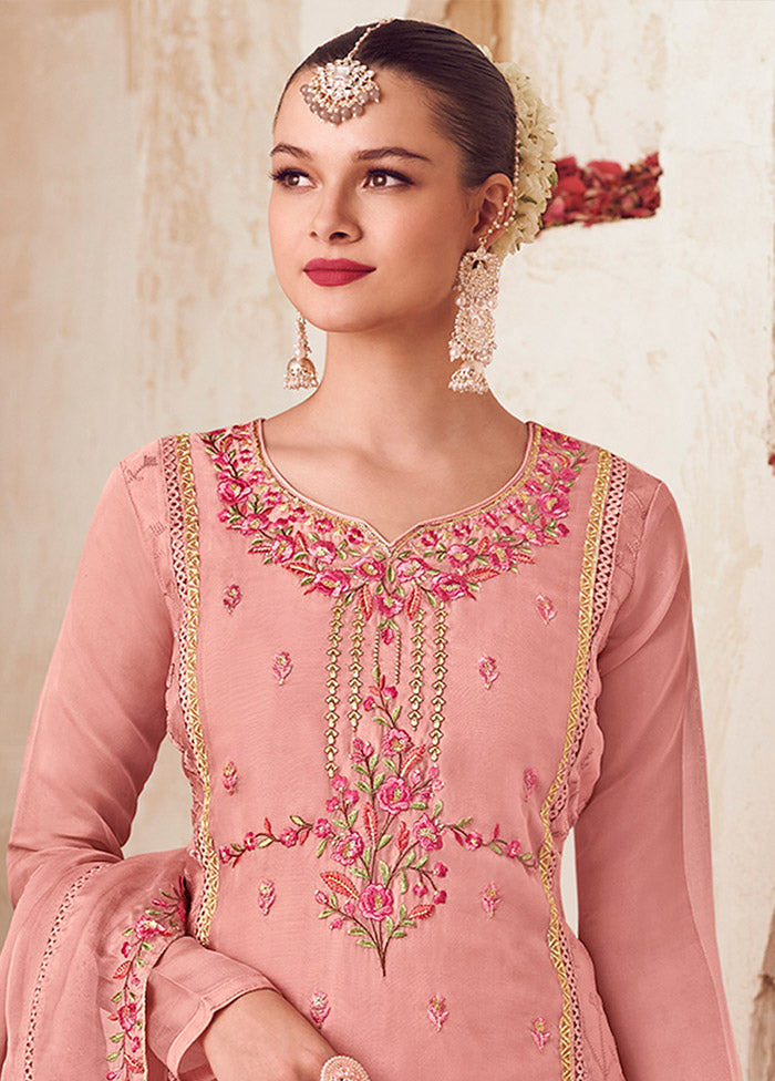 3 Pc Peach Unstitched Net Suit Set - Indian Silk House Agencies