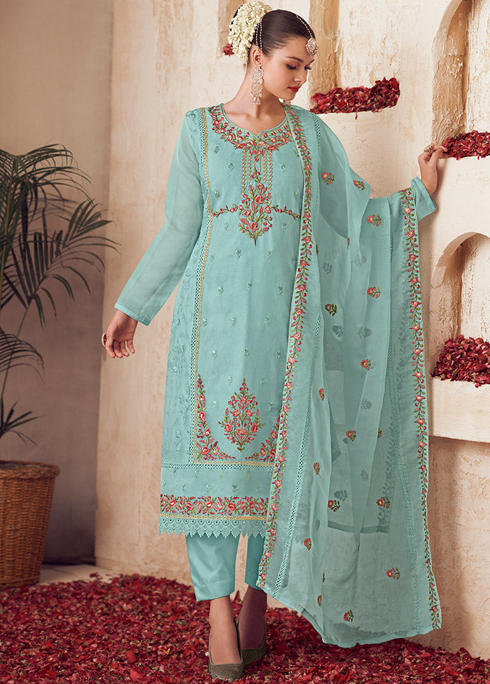 3 Pc Turquoise Unstitched Net Suit Set - Indian Silk House Agencies