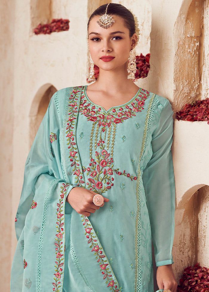 3 Pc Turquoise Unstitched Net Suit Set - Indian Silk House Agencies