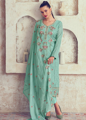 3 Pc Turquoise Unstitched Net Suit Set - Indian Silk House Agencies