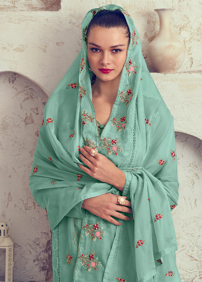 3 Pc Turquoise Unstitched Net Suit Set - Indian Silk House Agencies