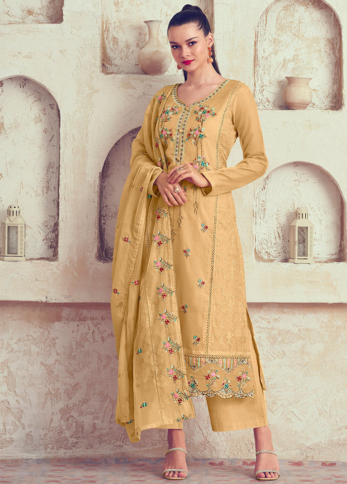 3 Pc Yellow Unstitched Net Suit Set - Indian Silk House Agencies