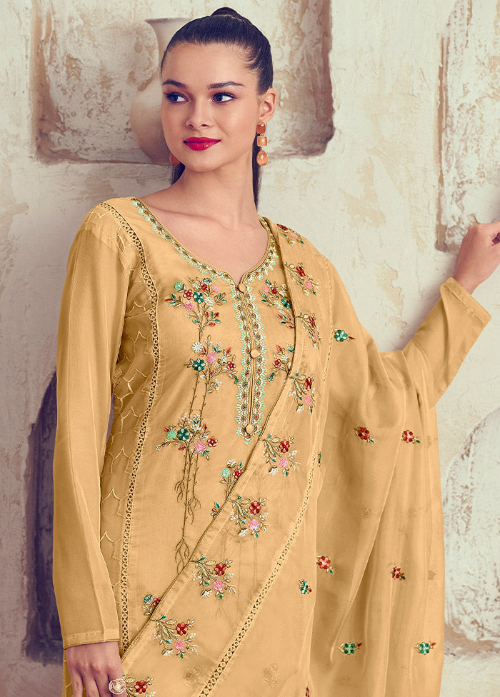 3 Pc Yellow Unstitched Net Suit Set - Indian Silk House Agencies