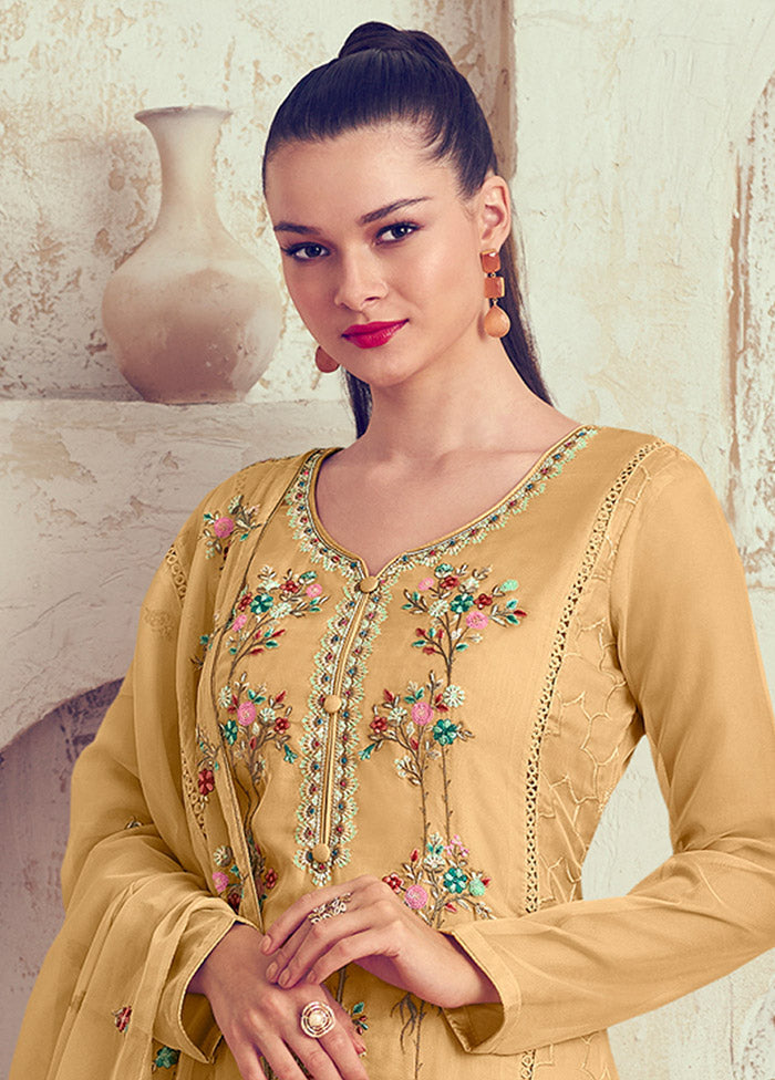 3 Pc Yellow Unstitched Net Suit Set - Indian Silk House Agencies