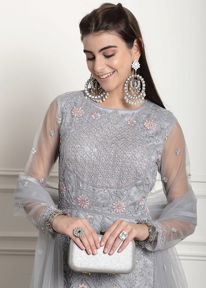 3 Pc Grey Unstitched Net Suit Set - Indian Silk House Agencies