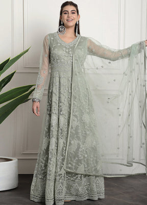 3 Pc Green Unstitched Net Suit Set - Indian Silk House Agencies