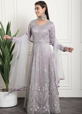 3 Pc Purple Unstitched Net Suit Set - Indian Silk House Agencies