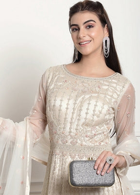 3 Pc Cream Unstitched Net Suit Set - Indian Silk House Agencies