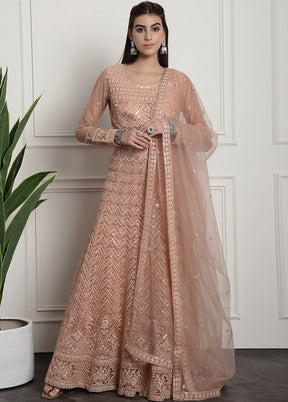 3 Pc Peach Unstitched Net Suit Set