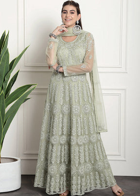 Green Semi Stitched Net Indian Dress