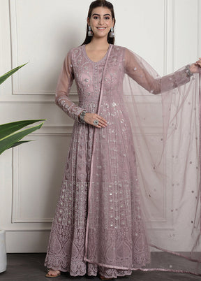 3 Pc Purple Unstitched Net Suit Set - Indian Silk House Agencies