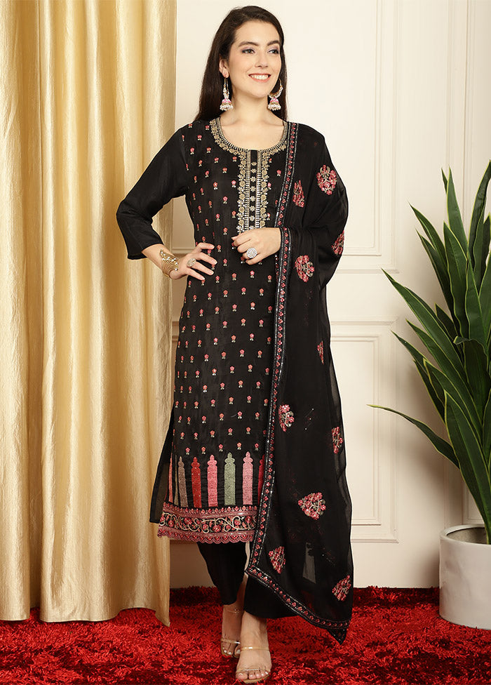 3 Pc Black Unstitched Pure Silk Suit Set