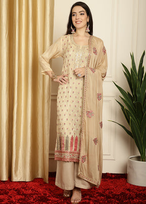 3 Pc Cream Unstitched Pure Santoon Suit Set