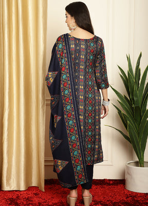 3 Pc Navy Blue Unstitched Pashmina Suit Set