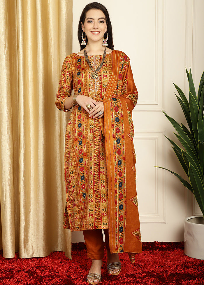 3 Pc Mustard Unstitched Pashmina Suit Set