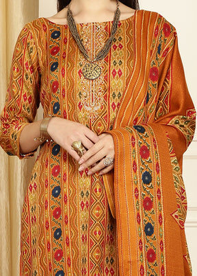 3 Pc Yellow Unstitched Pashmina Suit Set