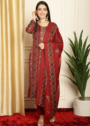 3 Pc Maroon Unstitched Pashmina Suit Set