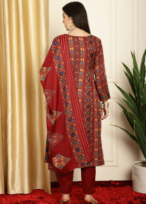 3 Pc Maroon Unstitched Pashmina Suit Set