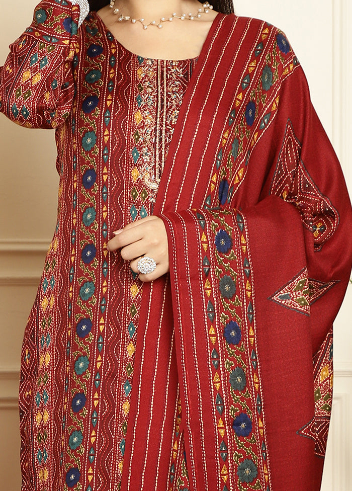 3 Pc Maroon Unstitched Pashmina Suit Set