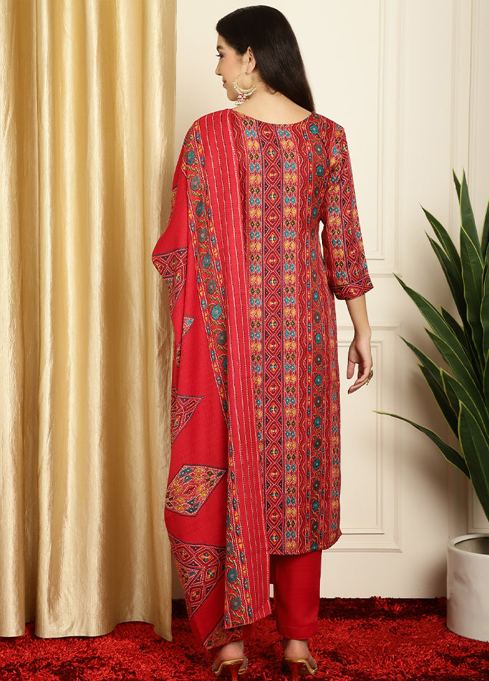 3 Pc Red Unstitched Pashmina Suit Set - Indian Silk House Agencies