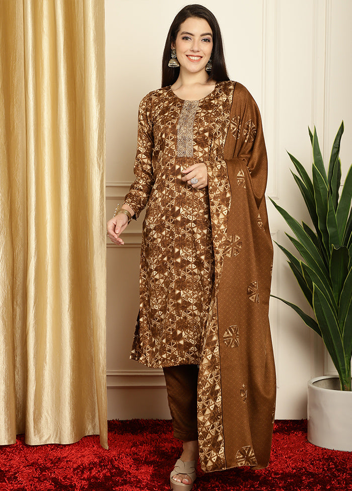 3 Pc Brown Unstitched Pashmina Suit Set - Indian Silk House Agencies