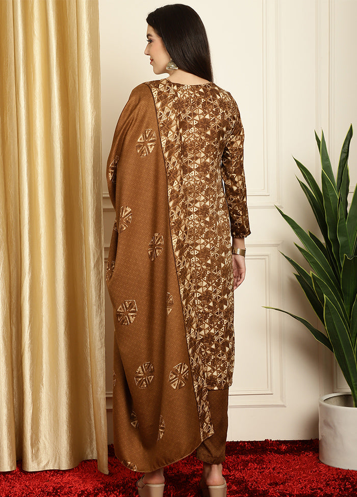 3 Pc Brown Unstitched Pashmina Suit Set