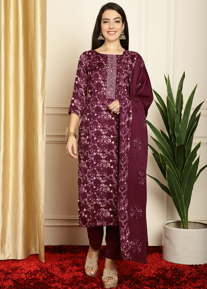 3 Pc Maroon Unstitched Pashmina Suit Set