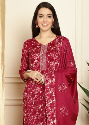 3 Pc Red Unstitched Pashmina Suit Set