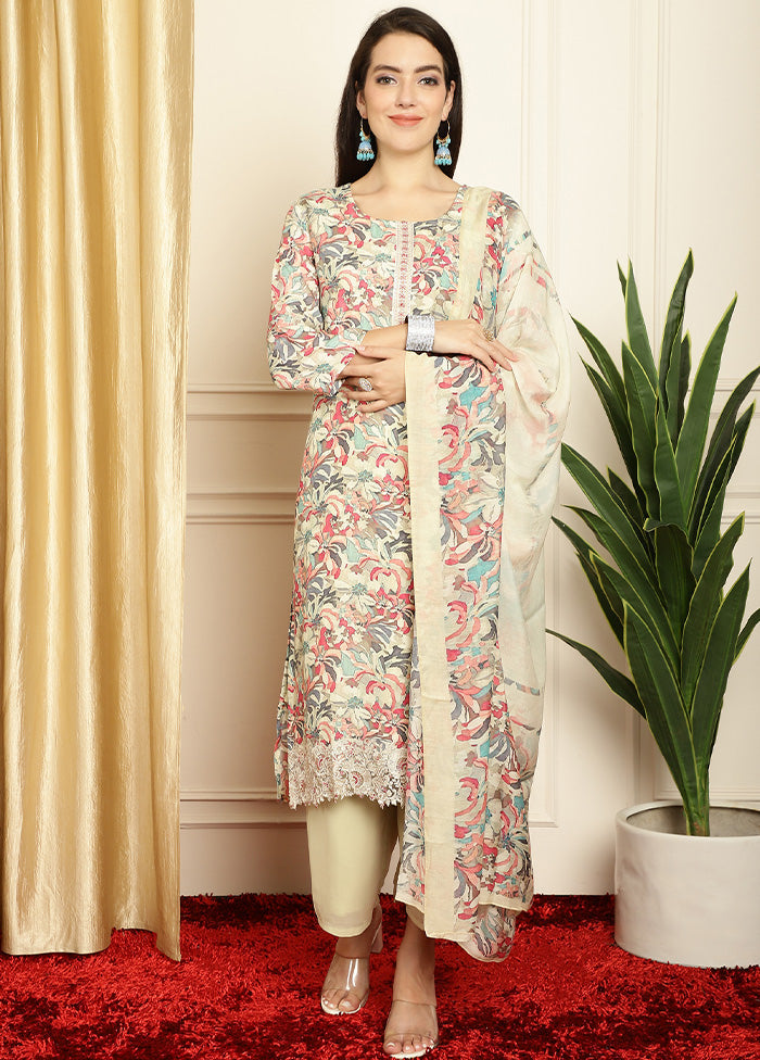 3 Pc Multicolor Unstitched Silk Suit Set - Indian Silk House Agencies