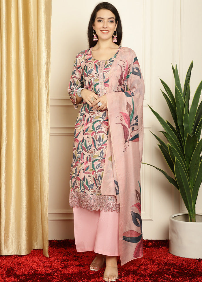 3 Pc Pink Unstitched Silk Suit Set - Indian Silk House Agencies