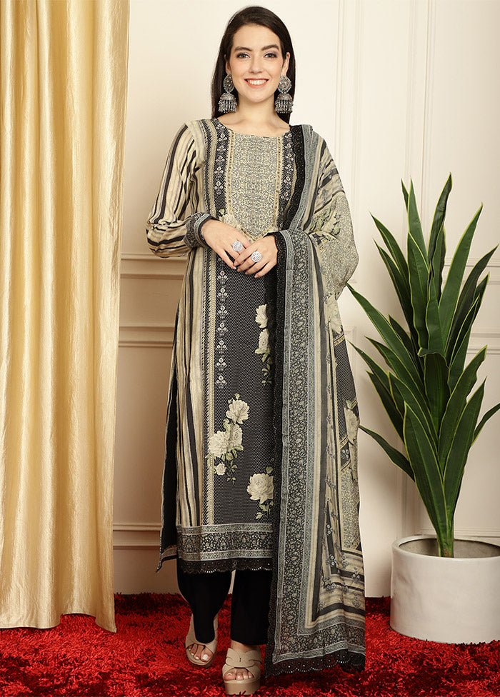 3 Pc Black Unstitched Pashmina Suit Set