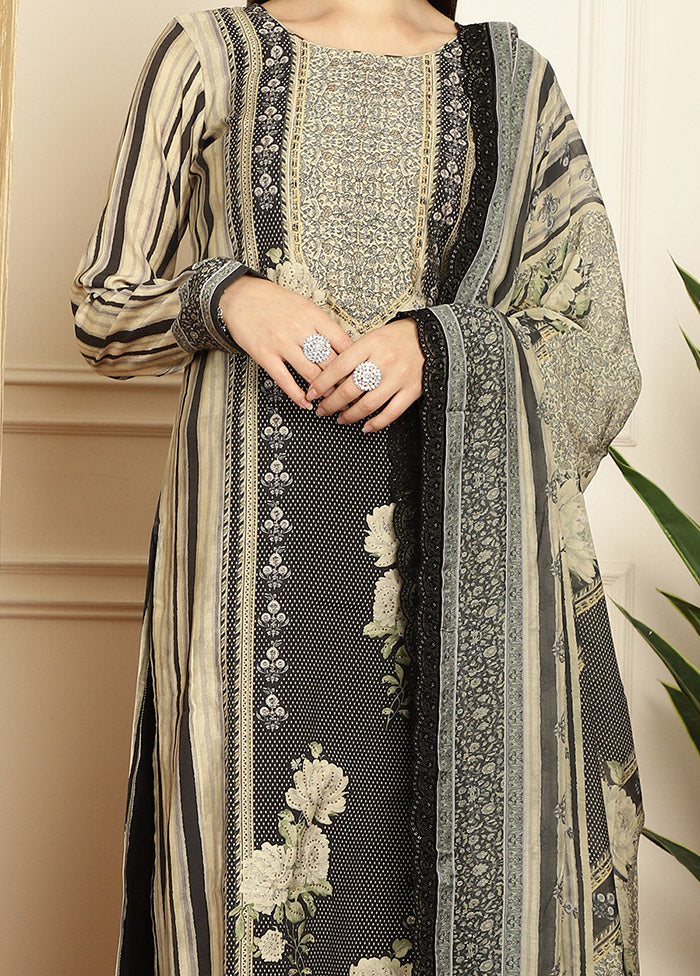 3 Pc Black Unstitched Pashmina Suit Set