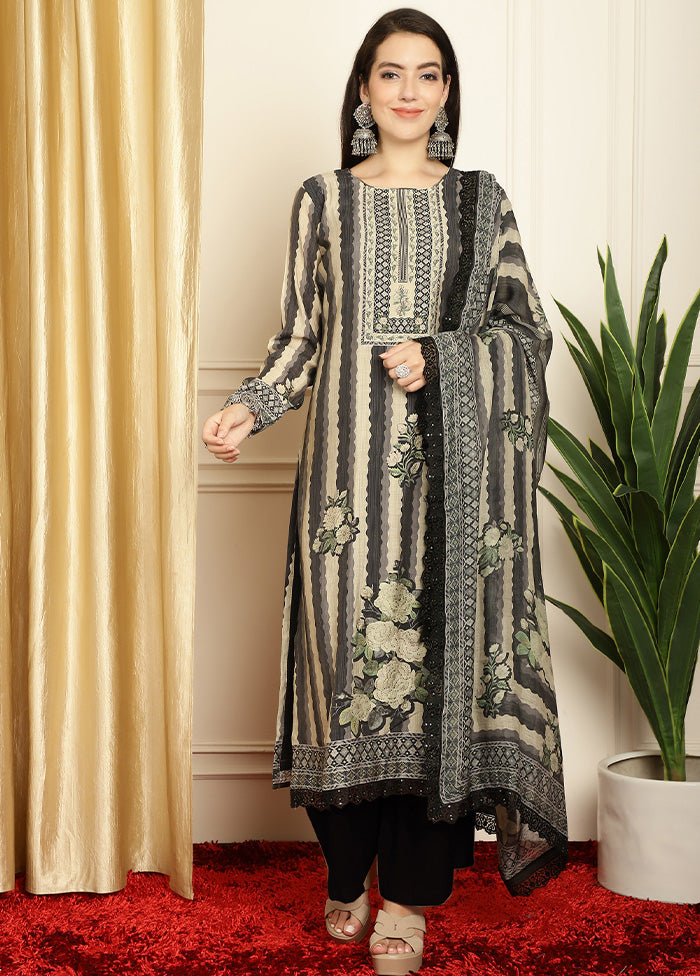 3 Pc Black Unstitched Pashmina Suit Set - Indian Silk House Agencies