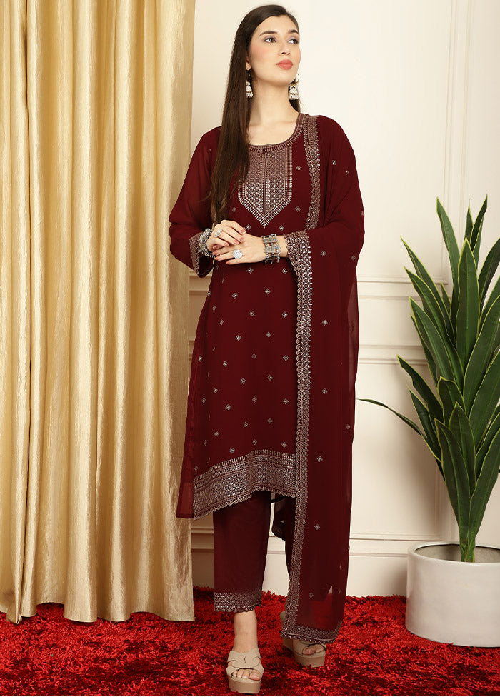 3 Pc Maroon Unstitched Georgette Suit Set