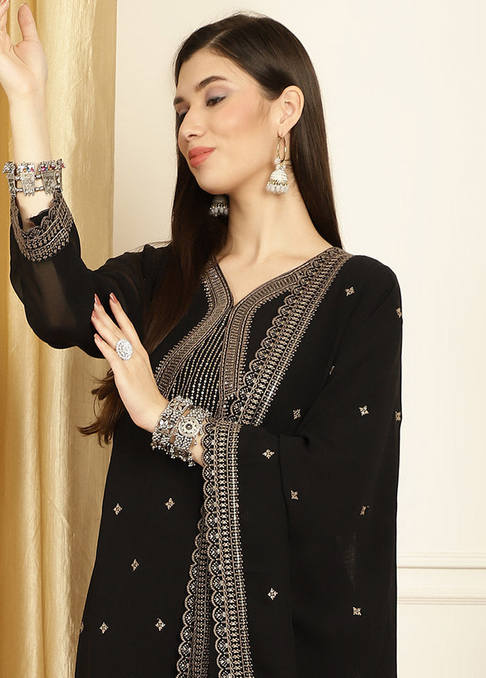 3 Pc Black Unstitched Georgette Suit Set - Indian Silk House Agencies