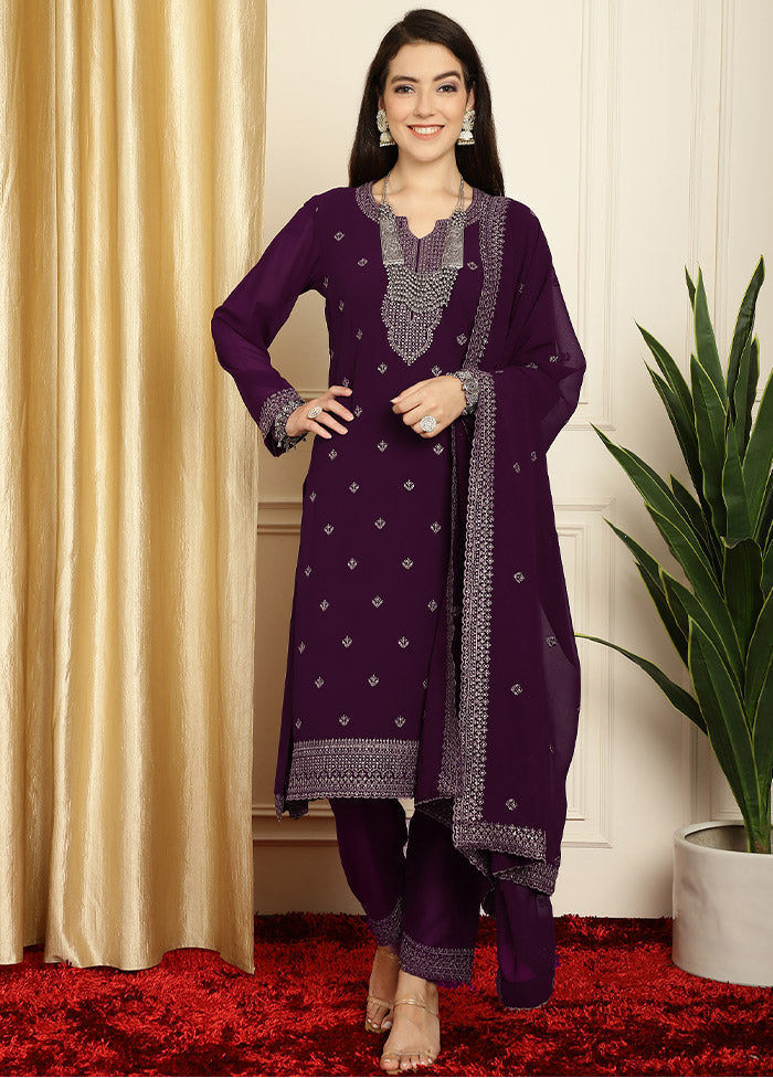 3 Pc Burgundy Unstitched Georgette Suit Set