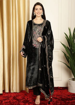 3 Pc Black Unstitched Velvet Suit Set - Indian Silk House Agencies