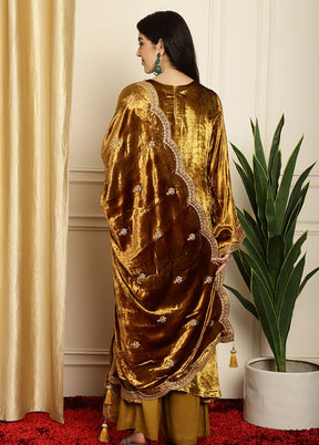 3 Pc Golden Unstitched Velvet Suit Set - Indian Silk House Agencies