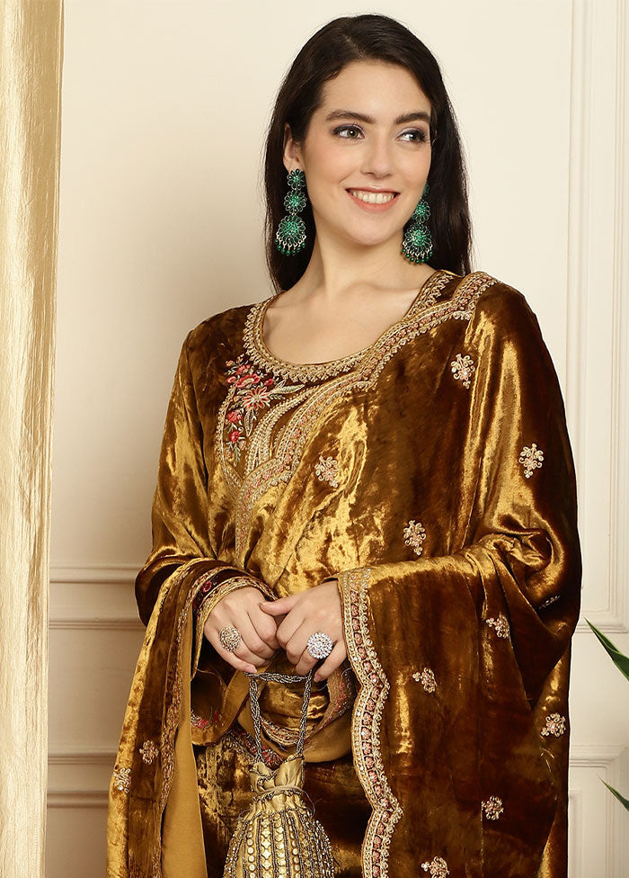 3 Pc Golden Unstitched Velvet Suit Set - Indian Silk House Agencies