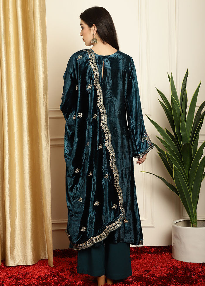 3 Pc Navy Blue Unstitched Velvet Suit Set - Indian Silk House Agencies