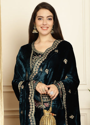 3 Pc Navy Blue Unstitched Velvet Suit Set - Indian Silk House Agencies