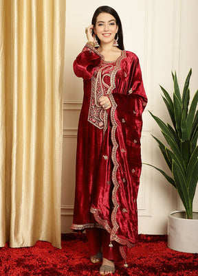 3 Pc Maroon Unstitched Velvet Suit Set - Indian Silk House Agencies