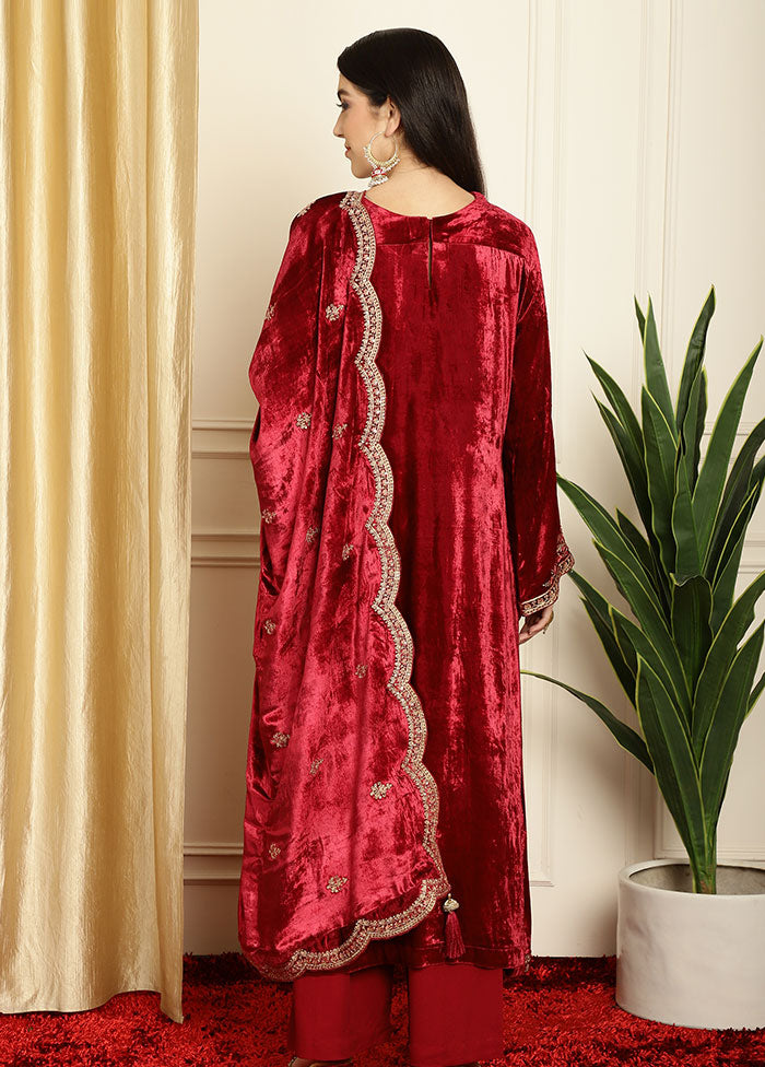 3 Pc Maroon Unstitched Velvet Suit Set - Indian Silk House Agencies